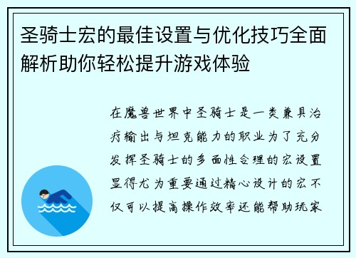 圣骑士宏的最佳设置与优化技巧全面解析助你轻松提升游戏体验
